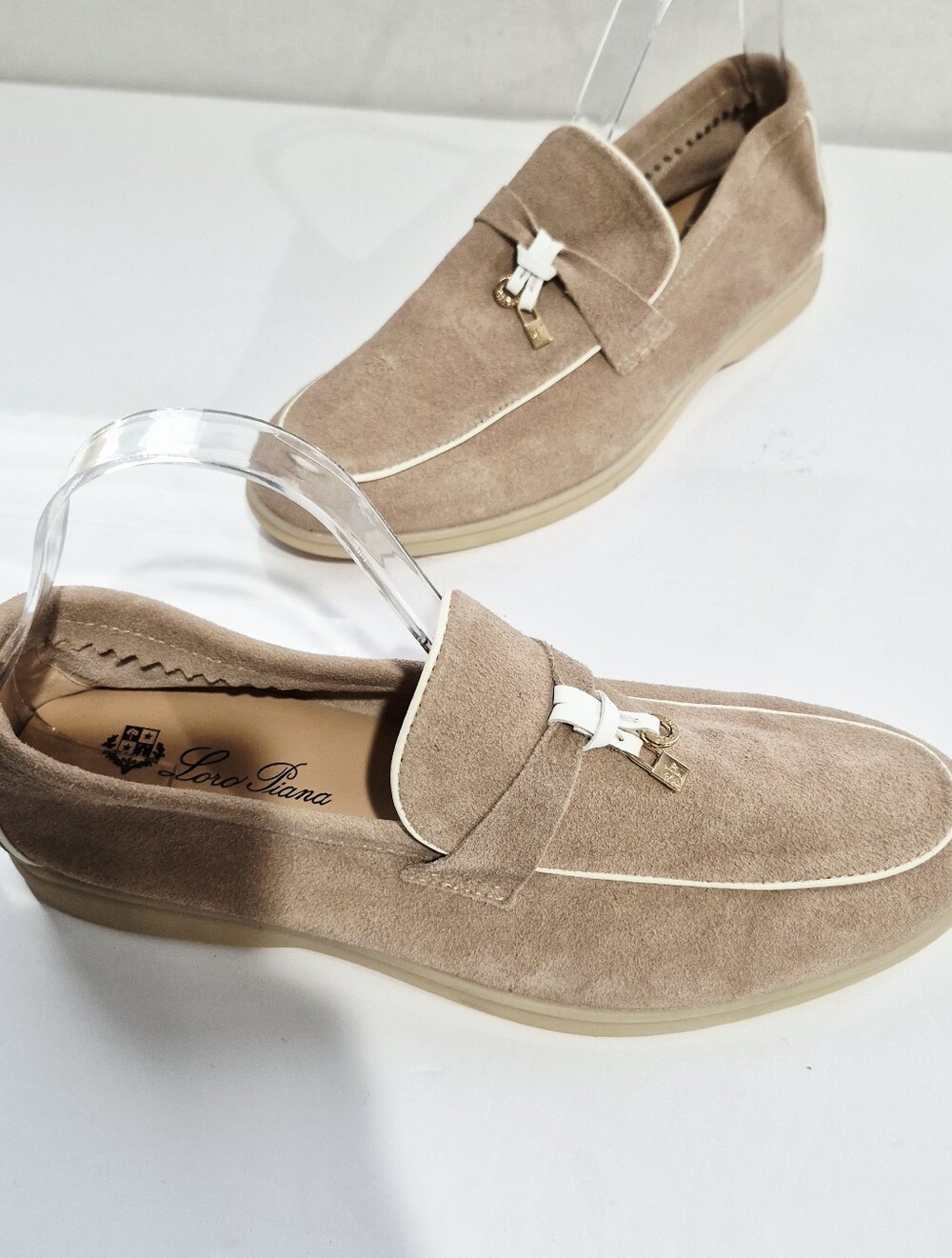 LORO PIANA Women's Summer Walk Charms Beige Suede Slip-On Loafer Size EU 45.